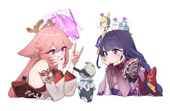 2girls absurdres animal animal_ear_piercing animal_ears animal_on_head armor back_bow bare_shoulders bird bird_on_head blue_pupils blunt_bangs blush bow breasts bridal_gauntlets closed_mouth couple dango_milk_(genshin_impact) detached_sleeves flower flower_ornament fox_ears fox_girl fox_shadow_puppet bad_tag from_side genshin_impact hair_between_eyes hair_ornament hands_on_own_cheeks hands_on_own_face head_tilt headpiece highres japanese_clothes kimono korean_commentary long_hair long_sleeves looking_at_animal looking_down looking_to_the_side mitsudomoe_(shape) mixed-language_commentary mole mole_under_eye multicolored_eyes multiple_girls neck_ribbon nontraditional_miko off_shoulder on_head pink_hair powering_up purple_eyes purple_flower purple_hair purple_kimono raiden_shogun red_ribbon red_sash ribbon sash shade shoulder_armor sideboob simple_background tomoe_(symbol) tongue tongue_out too_many too_many_birds upper_body white_background wide_sleeves yabby yae_miko yuri