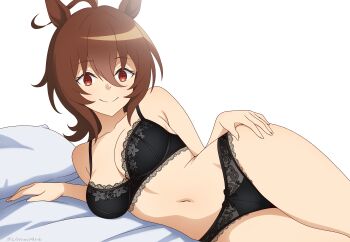1girl absurdres agnes_tachyon_(umamusume) ahoge animal_ears bare_arms bare_shoulders black_bra black_panties bra brown_hair closed_mouth collarbone commentary_request hair_between_eyes hand_on_own_hip highres horse_ears horse_girl lingerie looking_at_viewer lying medium_hair navel on_side panties pillow red_eyes smile solo stomach umamusume umeiart underwear