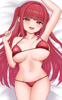 1girl absurdres arm_up armpits bikini blush breasts cleavage commentary_request heart heart_in_eye heterochromia highres hololive houshou_marine houshou_marine_(summer) large_breasts long_hair looking_at_viewer lying official_alternate_costume on_back open_mouth red_bikini red_eyes red_hair smile solo swimsuit symbol_in_eye very_long_hair virtual_youtuber yellow_eyes zakitaku8311