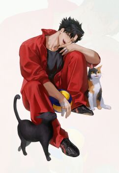 Rule 34 | 1boy, absurdres, animal, arm on knee, ball, black cat, black hair, black shirt, black shoes, calico (pattern), calico cat, cat, chohyojeong, closed eyes, collared jacket, commentary request, crew neck, curtained hair, full body, haikyuu!!, highres, holding, holding ball, jacket, korean commentary, kuroo tetsurou, male focus, multicolored cat, open clothes, open jacket, open mouth, pants, red jacket, red pants, sharp teeth, shirt, shoes, short hair, sitting, sneakers, solo, t-shirt, teeth, volleyball (object), white background, yellow eyes