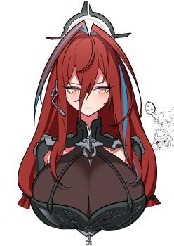 1girl 360_(taiyo360) absurdres arknights arknights:_endfield black_dress black_halo blue_hair breasts chibi chibi_inset cleavage closed_mouth cropped_torso dress ember_(arknights) hair_between_eyes hair_intakes halo hashtag-only_commentary highres large_breasts long_bangs long_hair looking_at_viewer microphone multicolored_hair red_hair simple_background solo streaked_hair white_background yellow_eyes