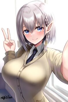 absurdres beta_(kagejitsu) black_necktie blue_eyes blush breasts cardigan elf highres kage_no_jitsuryokusha_ni_naritakute! large_breasts looking_at_viewer mole mole_under_eye nagisilon necktie pointy_ears school_uniform shirt short_hair smile solo white_hair white_shirt
