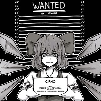 1girl absurdres bow character_name cirno collared_shirt crying facing_viewer greyscale hair_bow hayoibu height_chart height_mark highres holding holding_sign ice ice_wings looking_at_viewer medium_hair melting monochrome mugshot neck_ribbon puffy_short_sleeves puffy_sleeves ribbon shirt short_sleeves sign snot_trail solo streaming_tears tears touhou upper_body wings
