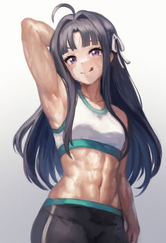 1girl :q abs ahoge arm_up armpits awa_subaru black_hair black_shorts breasts closed_mouth commentary_request cowboy_shot girls_band_cry hair_ribbon long_hair looking_at_viewer muscular muscular_female navel presenting_armpit purple_eyes ribbon shorts smile solo sports_bra standing sweat tongue tongue_out white_ribbon white_sports_bra yilx