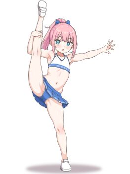 1girl :o aqua_eyes bare_arms bare_legs blue_panties blue_ribbon blue_skirt cheerleader crop_top dot_nose flat_chest full_body hair_ribbon highres holding_own_leg loli midriff miniskirt nattocurryumeee navel original panties pink_hair ponytail ribbon shoes skirt solo split spread_legs standing standing_on_one_leg standing_split underwear white_shoes