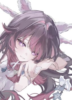 Rule 34 | 1girl, arm ribbon, black hair, bright pupils, columbina (genshin impact), flower, genshin impact, hair ornament, hair ribbon, highres, long hair, looking at viewer, multicolored hair, nayuta (8888 mugen), pink hair, purple eyes, ribbon, simple background, smile, solo, teeth, two-tone hair, white background, white pupils, white ribbon, wing hair ornament