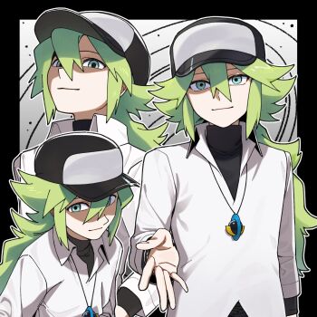 1boy baseball_cap black_shirt blue_eyes closed_mouth collared_shirt commentary_request double-parted_bangs green_hair hair_between_eyes hat head_tilt highres hitotose_rinne layered_clothes long_hair long_sleeves looking_at_viewer looking_to_the_side male_focus multiple_views n_(pokemon) nintendo pokemon pokemon_bw ponytail shirt sideways_glance smile turtleneck white_shirt wing_collar
