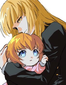 2girls absurdres ako_(eanaaati1) blonde_hair blue_eyes blunt_bangs blunt_ends brown_hair child chinese_commentary closed_mouth commentary crying crying_with_eyes_open highres hime_cut hug long_hair long_sleeves mother_and_daughter multiple_girls orange_hair parted_lips short_hair sidelocks simple_background tears umineko_no_naku_koro_ni ushiromiya_maria ushiromiya_rosa white_background yellow_eyes