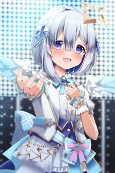 1girl absurdres amane_kanata aqua_ribbon aqua_wings blue_hair blush bob_cut commentary_request feathered_wings gradient_wings hair_between_eyes hair_ornament halo hand_on_own_chest highres hololive idol long_sleeves looking_at_viewer mini_wings multicolored_hair multicolored_wings open_mouth pink_hair pleated_skirt puffy_short_sleeves puffy_sleeves reaching reaching_towards_viewer ribbon shirt short_hair short_sleeves signature single_hair_intake skirt smile solo star_halo streaked_hair virtual_youtuber white_shirt white_skirt white_wings white_wrist_cuffs wings wrist_cuffs yellow_halo yukikawa_sara