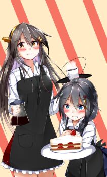 10s 2girls :d ahoge alternate_costume apron black_hair blue_eyes cake coffee coffee_mug coffee_pot commentary food fruit hair_flaps hair_ornament hairclip haruna_(kancolle) headgear highres kantai_collection mug multiple_girls namikawa_kuroha open_mouth orange_eyes plate remodel_(kantai_collection) shigure_(kancolle) skirt smile steam strawberry strawberry_shortcake