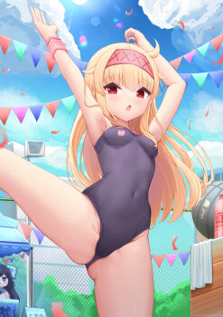 2girls ahoge armpits arms_up artist_request ass black_hair blonde_hair blue_eyes blue_one-piece_swimsuit blue_ribbon breasts cloud commentary confetti covered_navel day flag groin hairband highleg highleg_one-piece_swimsuit highres leg_lift legs_apart little_witch_nobeta long_hair multiple_girls nobeta one-piece_swimsuit open_mouth outdoors pink_hairband red_eyes ribbon sky small_breasts spread_legs standing standing_on_one_leg stomach swimsuit symbol-only_commentary tania_(little_witch_nobeta) thighs wristband
