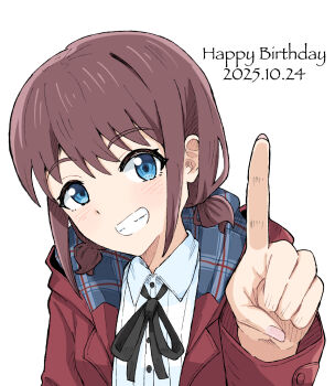 1girl bad_id bad_pixiv_id black_ribbon blue_eyes brown_hair clenched_teeth commentary dated girls_band_cry happy_birthday highres index_finger_raised iseri_nina jacket looking_at_viewer low_twintails neck_ribbon open_clothes open_jacket red_jacket ribbon sagittarius_(cruxhkg) shirt short_hair short_twintails simple_background solo teeth twintails upper_body white_background white_shirt