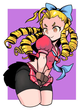 Rule 34 | >:), 1girl, absurdres, antenna hair, bike shorts, bike shorts under skirt, blonde hair, blue bow, bow, breasts, brown eyes, brown gloves, commentary request, covering privates, drill hair, floral print, floral print panties, forehead, gloves, hair pulled back, hashtag-only commentary, highres, kanzuki karin, lace, lace panties, looking down, midriff, okera, panties, pantylines, print panties, red sailor collar, red serafuku, ringlets, sailor collar, school uniform, serafuku, shorts, shorts under skirt, simple background, solo, street fighter, street fighter zero (series), thick thighs, thighs, underwear, v-shaped eyebrows