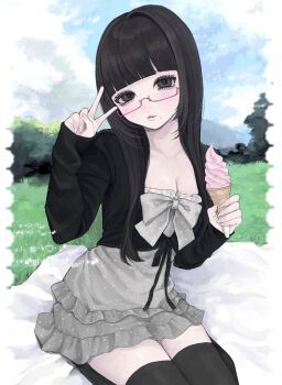 Rule 34 | 1girl, black eyes, black hair, black jacket, black thighhighs, blanket, blue sky, blunt bangs, border, bow, cropped jacket, dress, food, frilled dress, frills, glasses, grass, grey dress, hair between eyes, hand up, head tilt, highres, holding, holding food, holding ice cream, ice cream, ice cream cone, jacket, long hair, mole, mole under mouth, motsu (timotimo451), original, parted lips, pink-framed eyewear, polka dot, polka dot bow, polka dot dress, semi-rimless eyewear, sitting, sky, smile, solo, thighhighs, v, wariza, white border