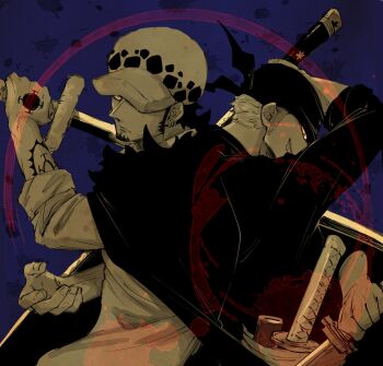 2boys arm_tattoo bandana blue_background chabo_(niwatori_bosori) clenched_teeth commentary_request earrings facial_hair goatee hand_tattoo hat holding holding_sword holding_weapon jewelry looking_at_viewer male_focus multiple_boys one_piece roronoa_zoro short_hair sideburns splatter sword tattoo teeth trafalgar_law weapon yellow_eyes