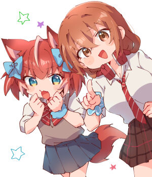 2girls :3 akami_karubi animal_ears blue_bow blue_scrunchie blue_skirt bow bowtie breasts brown_skirt brown_sweater_vest cat_ears cat_girl collared_shirt commentary_request crazy_raccoon diagonal-striped_bow diagonal-striped_bowtie diagonal-striped_clothes diagonal-striped_necktie green_eyes hair_bow hands_up headphones headphones_around_neck highres kohinata_iroha_(imouuzai) large_breasts medium_hair multiple_girls necktie nyaa_(nnekoron) open_mouth orange_eyes orange_hair pleated_skirt red_bow red_bowtie red_hair red_necktie school_uniform scrunchie shirt shirt_tucked_in simple_background skirt smile star_(symbol) striped_bow striped_bowtie striped_clothes sweater_vest tomodachi_no_imouto_ga_ore_ni_dake_uzai virtual_youtuber white_background white_shirt wrist_scrunchie