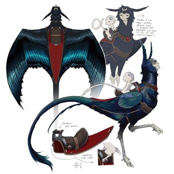 1girl 1other ^_^ aqua_feathers black_feathers black_wings blue_feathers blue_gemstone blue_hair blue_tail blue_wings body_fur closed_eyes closed_mouth crescent english_text expressionless facial_mark feathers forehead_jewel forehead_mark gem harpy highres iridescent jejejunum leg_up monster_girl multicolored_feathers multicolored_wings nethermare original reference_sheet riding saddle secret_(jejejunum) size_difference spirit tail whisper_(jejejunum) white_background white_fur white_tail wings