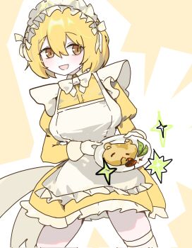 1girl :d alternate_costume apron blonde_hair blush_stickers bob_cut breasts chopong_yee commentary cowboy_shot don_quixote_(project_moon) dress enmaided food frilled_skirt frills hair_between_eyes highres holding holding_food holding_plate juliet_sleeves ketchup limbus_company long_sleeves maid maid_apron maid_headdress medium_breasts miniskirt neck_ribbon omelet omurice open_mouth plate project_moon puffy_sleeves ribbon short_hair skirt slit_pupils smile solo star_(symbol) symbol-only_commentary white_apron yellow_dress yellow_eyes