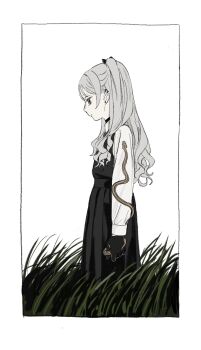 Rule 34 | 1girl, animal, black dress, black gloves, border, closed mouth, commentary request, dress, ear piercing, earrings, expressionless, gloves, gomibako (gomibako price), grass, green eyes, grey hair, highres, holding, holding animal, holding snake, jewelry, long hair, long sleeves, looking ahead, original, pale skin, piercing, pinafore dress, profile, shirt, simple background, sleeveless, sleeveless dress, snake, solo, standing, stud earrings, tall grass, white background, white border, white shirt, yukino kanna (gomibako (gomibako price))