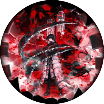 1girl belt black_belt black_hair black_pants black_shoes blood blood_on_clothes bob_cut cigar claws e.g.o_(project_moon) game_cg limbus_company liquid looking_at_viewer mask nai_ga official_art pants project_moon respirator round_image ryoshu_(project_moon) shoes short_hair skull smoke smoking solo standing straitjacket tank_(container) thoracalgia_(e.g.o)