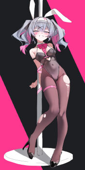 Rule 34 | 1girl, absurdres, animal ears, arms behind back, bare shoulders, black leotard, blush, bound, bow, bowtie, breasts, brown pantyhose, covered navel, detached collar, facial mark, fake animal ears, full body, grin, hair ornament, hairband, hatsune miku, headband, high heels, highres, leotard, long hair, looking at viewer, medium breasts, multicolored hair, pantyhose, pink bow, pink bowtie, pink pupils, pink ribbon, playboy bunny, pole, rabbit ears, rabbit hole (vocaloid), ribbon, silday, smile, solo, strapless, strapless leotard, stripper pole, teardrop facial mark, thigh strap, torn clothes, torn pantyhose, twintails, two-tone hair, vocaloid, white hairband