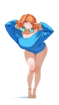 1girl alternate_costume bent_over choker earrings feather_earrings feathers full_body green_hair highres hololive hololive_english jewelry looking_at_viewer multicolored_hair open-toe_shoes orange_hair oversized_clothes purple_eyes sansha_art simple_background smile solo streaked_hair takanashi_kiara two-tone_hair virtual_youtuber white_background