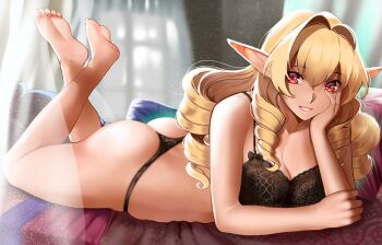 1girl alternate_breast_size ass barefoot black_bra black_panties blonde_hair bra breasts curtains drill_hair elbow_rest elf elinalise_dragonroad feet_up grin hair_between_eyes hand_on_own_cheek hand_on_own_face head_rest highres kirani large_breasts long_hair looking_at_viewer lying mushoku_tensei on_stomach panties pillow pointy_ears skindentation smile soles solo the_pose thong underwear