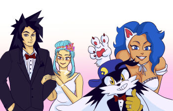 animal_ears animal_hands black_hair blue_eyes blue_hair blue_headwear bow bowtie breasts cabbit capcom cat_ears cat_girl cleavage crossover dragon_ball dragon_ball_gt dress felicia_(darkstalkers) flower gloves hair_flower hair_ornament jewelry kaze_no_klonoa klonoa light_blue_hair married meta multiple_crossover necklace pink_background pointy_ears ring ryouko_(tenchi_muyou!) smiley_face son_goku super_saiyan super_saiyan_4 tenchi_muyou! thumbs_up darkstalkers wedding wedding_dress wedding_ring yellow_gloves