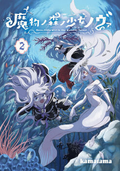 3girls :d air_bubble animal bare_arms bare_shoulders bell black_boots black_jacket black_skirt blue_eyes boots bow breasts bubble collarbone commentary_request coral cover cover_page day fish floating_hair gills grey_hair hair_over_one_eye highres jacket kamatama large_breasts long_hair long_sleeves mermaid monster_girl multiple_girls navel neck_bell open_mouth original outdoors pleated_skirt puffy_long_sleeves puffy_sleeves purple_bow red_eyes skirt small_breasts smile underwater very_long_hair