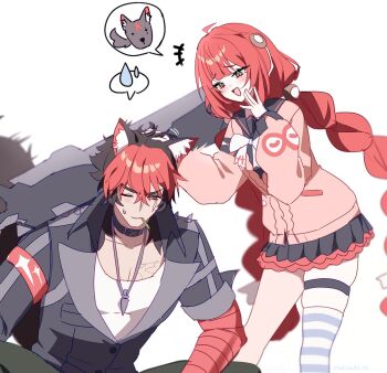 animal_ears bandaged_arm bandages black_jacket commentary_request dog_boy dog_ears dog_tail green_eyes headpat holding holding_sword holding_weapon jacket komano_manato muscular muscular_male over_shoulder pink_sweater red_bandage red_hair scar scar_on_chest scar_on_face shirt size_difference smug sweater sword sword_over_shoulder tail taiyaki12 twintails ukinami_yuzuha weapon weapon_over_shoulder white_shirt zenless_zone_zero