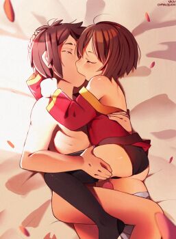 1boy 1girl absurdres affectionate artist_name bandaged_leg bandages belt black_cape black_footwear black_hair black_panties black_thighhighs blush brown_belt brown_hair cape closed_eyes clothed_female_nude_male commission couple dress hair_between_eyes hat hetero highres kiss kono_subarashii_sekai_ni_shukufuku_wo! megumin najucaju_naju nude on_bed panties penis red_dress satou_kazuma short_dress single_thighhigh thighhighs underwear