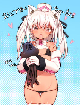 1girl animal_ears bare_shoulders bikini black_bikini black_ribbon breasts cat_ears commentary_request covered_erect_nipples creature detached_collar detached_sleeves fang gloves groin hair_ribbon highres holding holding_creature long_sleeves navel open_mouth original red_eyes ribbon shimada_fumikane small_breasts solo squid swimsuit tan thighhighs translation_request two_side_up white_gloves white_hair white_headwear white_thighhighs