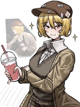 1girl :3 blonde_hair blush brown_hat brown_jacket collared_shirt commentary don_quixote_(project_moon) dot_nose drink drinking_straw eyelashes fang fang_out game_screenshot_inset hat highres holding holding_drink jacket limbus_company looking_at_viewer mitama_nyan official_alternate_costume orange_eyes project_moon shirt short_hair solo sparkle standing symbol-only_commentary white_shirt zwei_association_south_uniform