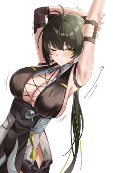 1girl ahoge arrow_(symbol) black_hair breasts commentary_request cross-laced_clothes cross-laced_dress cross-laced_top female_rover_(wuthering_waves) higashiwun_izumi highres one_eye_closed rover_(wuthering_waves) sideboob simple_background solo stretching white_background wuthering_waves yellow_eyes