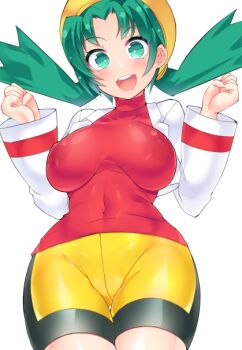 breasts hat hisui_(stapspats) kris_(pokemon) large_breasts no_bra pokemon pokemon_gsc red_shirt see-through_clothes shirt shorts twintails yellow_hat yellow_shorts
