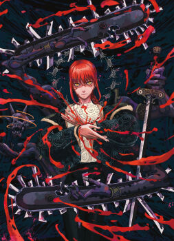 1girl absurdres black_jacket blood blood_on_face blood_splatter braid chainsaw_man closed_mouth demon_girl disembodied_eye disembodied_hand fantasy hell highres holding holding_sword holding_weapon jacket long_hair long_sleeves looking_at_viewer makima_(chainsaw_man) puffy_long_sleeves puffy_sleeves red_hair ringed_eyes shirt sidelocks skull sword weapon white_shirt yamanakatomoro yellow_eyes