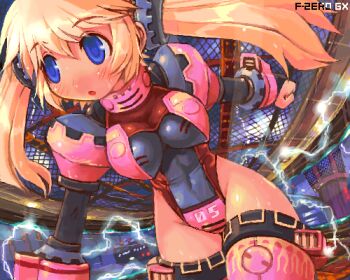 1girl blonde_hair blue_eyes f-zero f-zero_gx female_focus fire_stingray lightning_halfpipe long_hair lowres mecha_musume nintendo oekaki personification shigatake solo thighhighs twintails