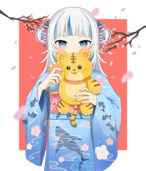 Rule 34 | 1girl, aka tadaima, blue eyes, blue kimono, blue nails, blue streaks, blush, border, branch, cherry blossoms, commentary request, covered mouth, gawr gura, highres, holding, holding stuffed toy, hololive, japanese clothes, kimono, multicolored hair, print kimono, solo, streaked hair, stuffed animal, stuffed tiger, stuffed toy, two side up, virtual youtuber, white border, wide sleeves