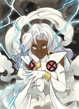 1girl bodysuit cape clothing_cutout cloud comic_cover commentary curly_hair dark-skinned_female dark_skin earrings electricity electrokinesis gloves grey_eyes hand_on_own_cheek hand_on_own_face highres jewelry lightning_bolt_earrings lightning_bolt_symbol long_hair looking_at_viewer marvel official_art peach_momoko shoulder_cutout storm_(x-men) symbol-only_commentary textless_version upper_body very_dark_skin white_bodysuit white_cape white_gloves white_hair white_theme x-men