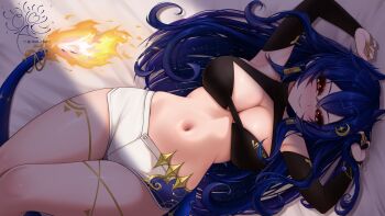 1girl absurdres aori_(aori.chu) black_bra black_bridal_gauntlets blue_hair blue_tail bra breasts bridal_gauntlets cleavage closed_mouth constellation dragon_girl dragon_tail fire flame-tipped_tail highres indie_virtual_youtuber large_breasts long_hair looking_at_viewer lying navel on_back red_eyes shorts solo starry_hair tail thighs underwear vienna_(6th_costume)_(vtuber) vienna_(vtuber) virtual_youtuber white_shorts wide_hips yellow_nails