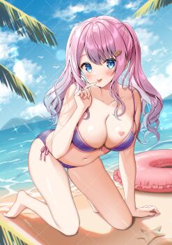 1girl all_fours barefoot beach bikini blue_eyes blue_sky blush breast_tattoo breasts character_request closed_mouth cloud collarbone commentary_request commission copyright_request day dutch_angle foreshortening full_body hair_ornament hand_up heart heart_tattoo highres innertube large_breasts long_hair looking_at_viewer motage_illust navel ocean on_ground outdoors parted_bangs pink_hair purple_bikini shadow sky solo starfish swim_ring swimsuit tattoo tongue tongue_out twintails watermark watermark_grid wavy_hair wing_hair_ornament