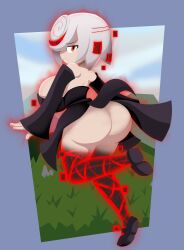 1girl absurdres ass aura back bare_shoulders black_dress black_sandals blue_border border breasts detached_sleeves dress from_behind glitch grass hair_over_one_eye highres huge_ass huge_breasts leg_up looking_at_viewer multicolored_hair red_eyes red_hair sage_(sonic) sandals short_hair sideboob solo sonic_(series) sonic_frontiers streaked_hair teeth white_hair yelladrill