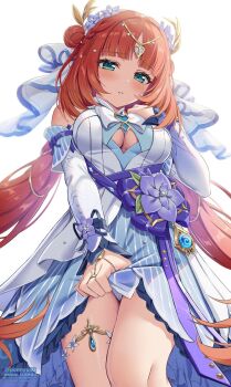 1girl blush breasts covering_crotch covering_privates detached_sleeves double_bun dress dress_tug embarrassed genshin_impact hair_bun hair_ornament highres jewelry long_hair looking_at_viewer medium_breasts nilou_(breeze_of_sabaa)_(genshin_impact) nilou_(genshin_impact) official_alternate_costume ponnyu12 red_hair simple_background solo thighlet underboob vision_(genshin_impact) white_background