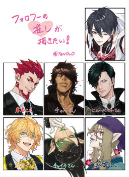 Rule 34 | 2bro., 6+boys, artist name, bandana, beard, black hair, black necktie, bleach, blonde hair, blue eyes, brown hair, collared shirt, commentary request, eyeshadow, facepaint, facial hair, fire emblem, fire emblem: three houses, followers favorite challenge, formal clothes, glasses, gloves, gradient hair, green hair, green lips, hair between eyes, hair over one eye, hanabatake chaika, headphones, headphones around neck, highres, hood, hood down, hooded jacket, hubert von vestra, hubert von vestra (timeskip), jacket, jewelry, kusuriuri (mononoke), lipstick, looking at viewer, makeup, male focus, mononoke, multicolored hair, multiple boys, multiple drawing challenge, necklace, necktie, nijisanji, nintendo, one eye closed, open mouth, otoja (2bro.), parted lips, pointy ears, ponytail, purple bandana, red eyes, red hair, sado yasutora, shinomiya natsuki (uta no prince-sama), shirt, sleeveless, smile, suit, ten0u0, uta no prince-sama, virtual youtuber, yellow eyes, yumeoi kakeru