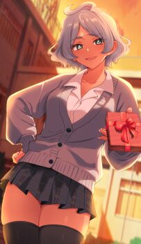 Rule 34 | 1girl, :d, absurdres, afro puffs, asticassia school uniform, black thighhighs, blush, box, breasts, commentary request, dark-skinned female, dark skin, dress, full body, gift, green eyes, grey hair, gundam, gundam suisei no majo, happy valentine, highres, holding, holding gift, large breasts, long sleeves, looking at viewer, nekomiya mizuki, open mouth, outdoors, pleated dress, school, school uniform, secelia dote, shirt, short dress, short hair, smile, solo, thighhighs, thighs, white nails, white shirt