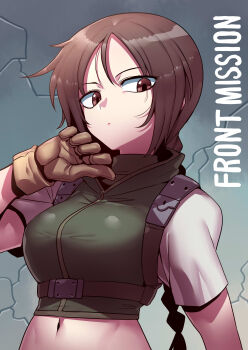 1girl braid breasts brown_hair closed_mouth crop_top front_mission gloves highres long_hair looking_at_viewer midriff navel single_braid solo tukiwani yang_meihua_(front_mission)