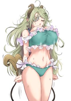 1girl alternate_costume bikini blush bouncing_breasts breasts brown_horns closed_eyes commentary_request cowboy_shot curled_horns demon_girl demon_horns demon_tail exercising eyelashes eyepatch frilled_bikini frills green_bikini green_hair hair_ornament hairpin highres horns huge_breasts jumping jyaco long_hair motion_lines multiple_hairpins nanashi_inc. navel open_mouth pointy_ears sekishiro_mico simple_background solo stomach sweat swimsuit tail transparent_background variant_set very_long_hair virtual_youtuber x_hair_ornament