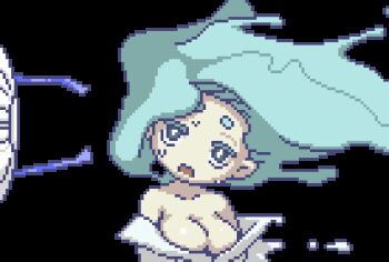 1girl akai_(ugokashitari) animated animated_gif aqua_hair bare_shoulders bouncing_breasts breasts cleavage electric_fan enraenra_(youkai_watch) floating_hair head_tilt japanese_clothes kimono liquid_hair long_hair lowres medium_breasts open_mouth pixel_art simple_background solo sweat transparent_background upper_body wind youkai_watch