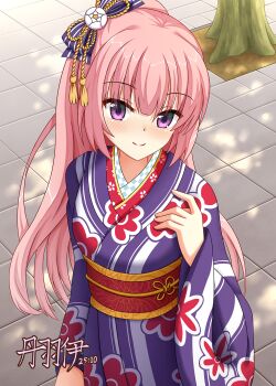 Rule 34 | 1girl, alternate costume, blunt bangs, blush, closed mouth, commentary request, day, eyes visible through hair, hair between eyes, hand up, highres, japanese clothes, kimono, long hair, long sleeves, looking at viewer, mitsukasa ayase, outdoors, paid reward available, pink hair, ponytail, purple eyes, purple kimono, riddle joker, sidelocks, smile, solo, split mouth, straight hair, striped clothes, striped kimono, tamba i, tile floor, tiles, vertical-striped clothes, vertical-striped kimono, very long hair, wide sleeves