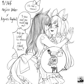 2girls agnes_digital_(full-color_fangirling)_(umamusume) agnes_digital_(umamusume) animal_ears atsuku_naru back_bow blush bow character_name commentary ear_ornament english_commentary english_text face-to-face flustered frilled_skirt frills greyscale highres horse_ears horse_girl horse_tail kabedon long_hair making-of_available mejiro_dober_(off_the_line)_(umamusume) mejiro_dober_(umamusume) monochrome multiple_girls open_mouth recording shirt simple_background skirt sleeveless sleeveless_shirt speech_bubble tail tv_camera umamusume video_camera yuri